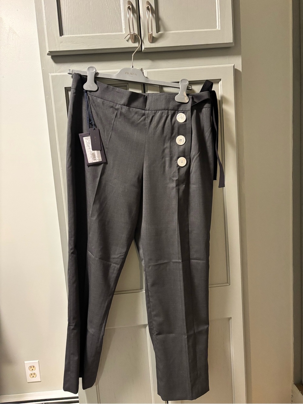 Prada Gray High-Waist Tailored Trousers with Side Button Accents